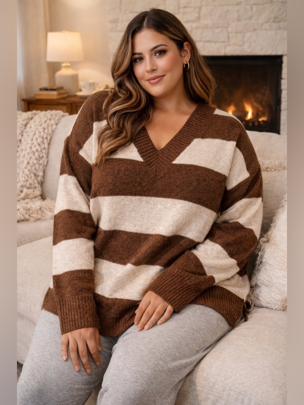 Free for All- NWT V-Neck Sweater in Brown and Cream Stripes Size XL